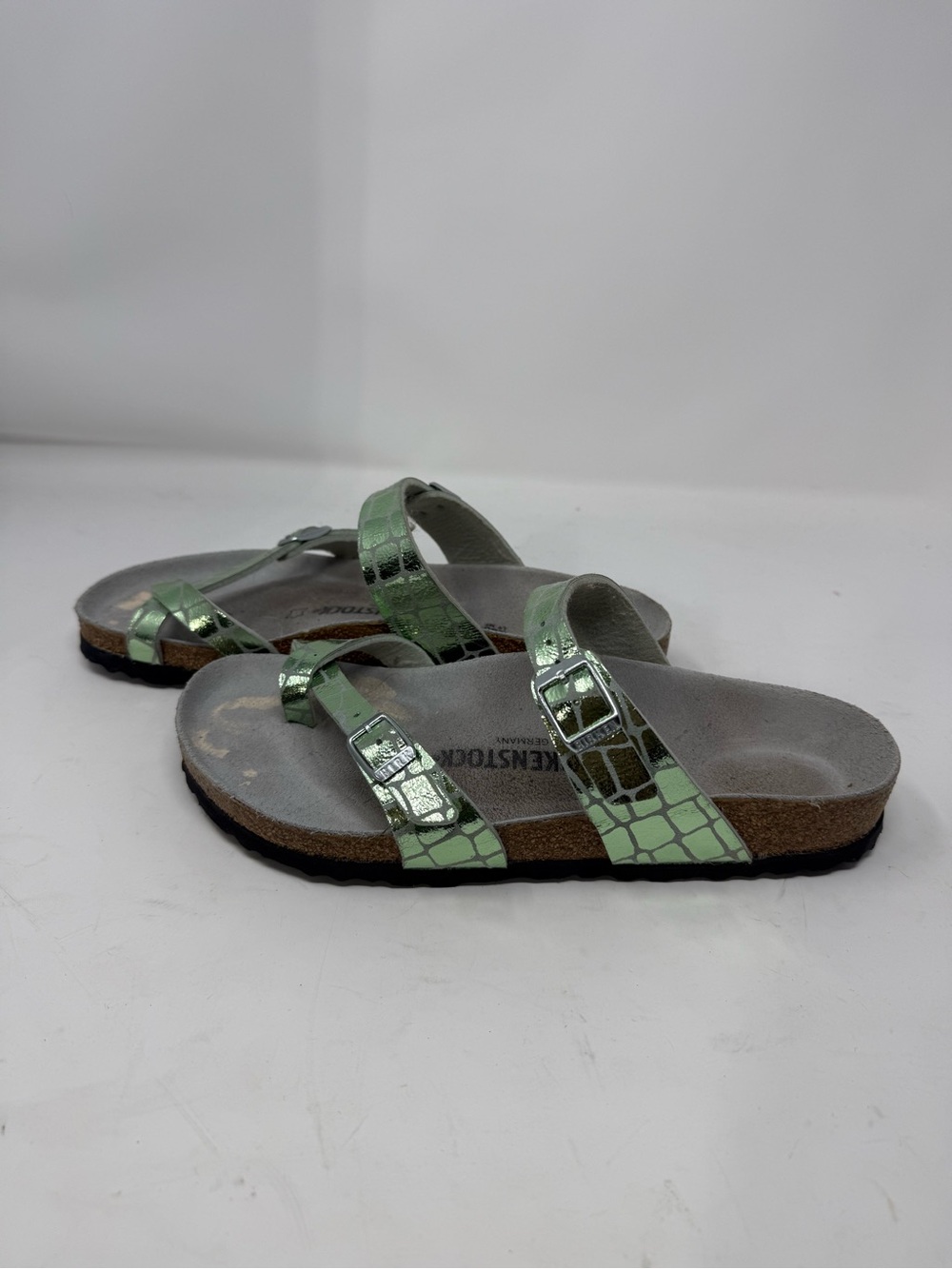 Birkenstock Metallic Croc-Print Light Green Slide Sandals Sz 40/9 (JAQTZS)